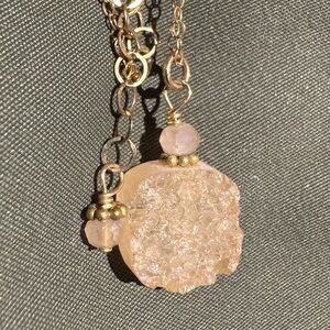 Handmade Pink Druzy Quartz Pendant Necklace - 14K Gold-filled Chain